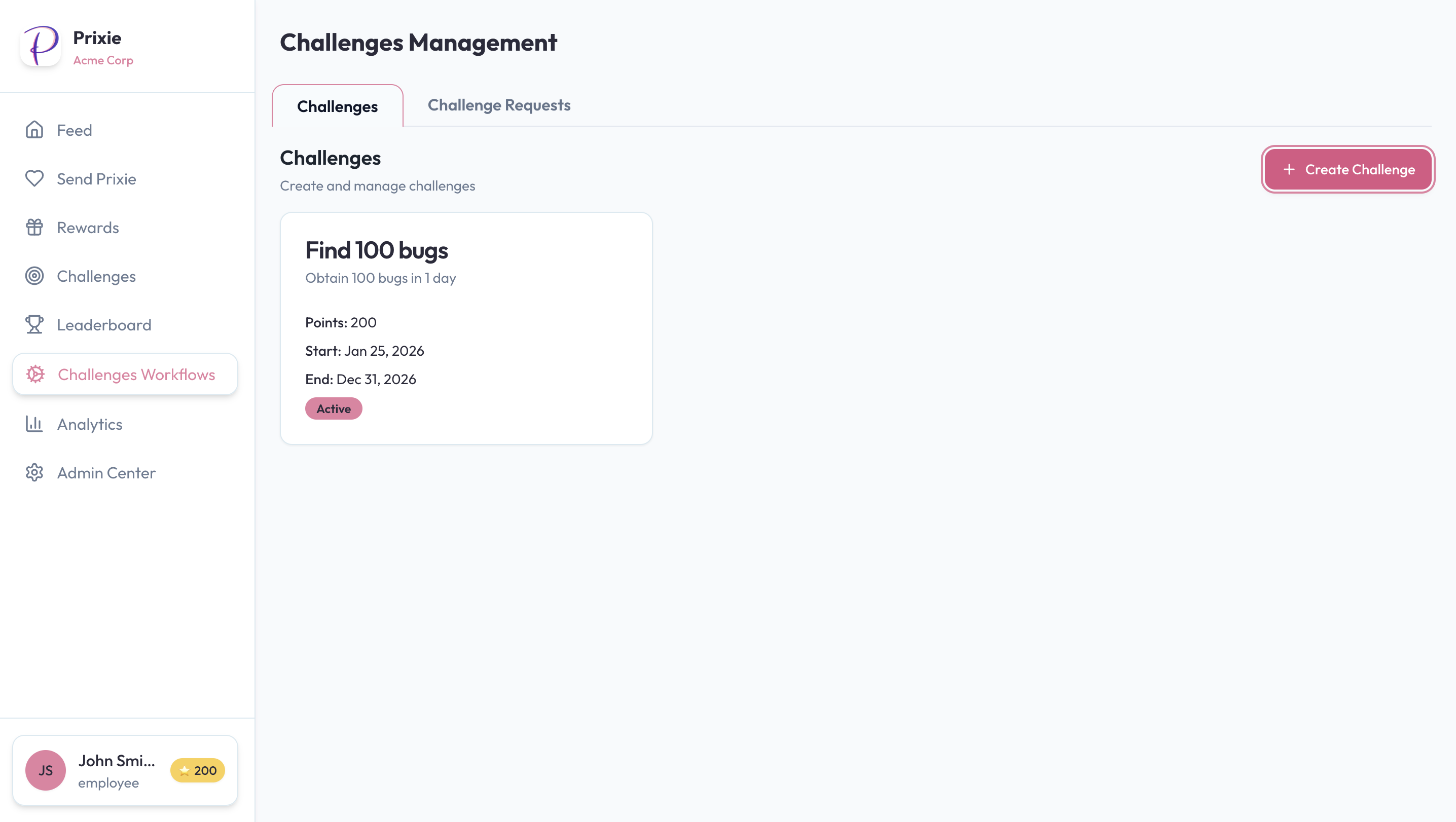 Challenge Management interface showing challenge creation and workflow management